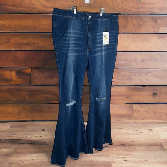 Home Folk Distressed Women's Dark Wash Blue Flare Jeans - Picture 3 of 14